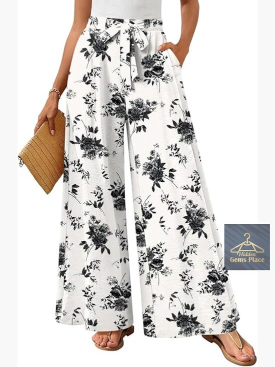 Pants - Wide Leg Lounge Pants High Waisted Drawstring Palazzo Trousers with Pockets